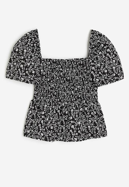 H&M - Smocked top - black & white floral 