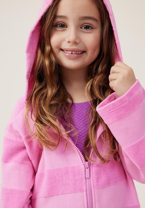 Cotton On - Kids zip thru hooded towel - bubblegum pop/stripe