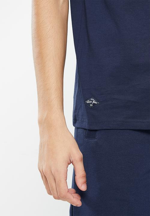 Aca Joe - Mens ca joe twill applique & distress print crew tee - dress blue