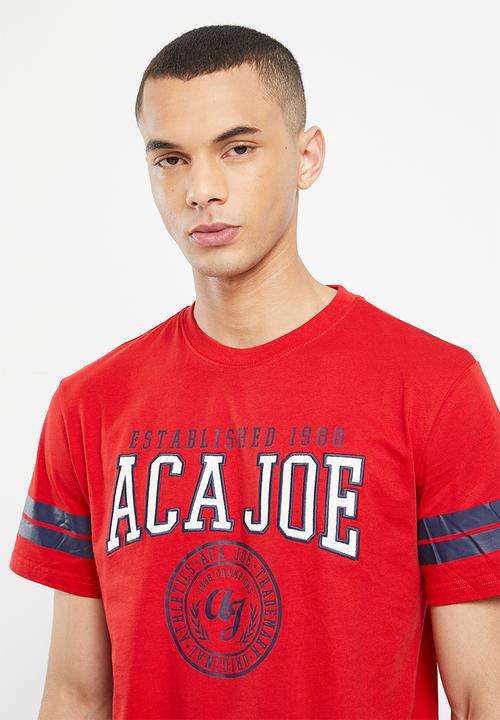 Aca Joe - Mens aca joe twill applique & distress print crew tee - high risk red