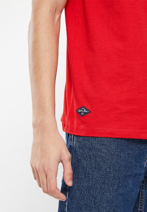 Aca Joe - Mens aca joe twill applique & distress print crew tee - high risk red