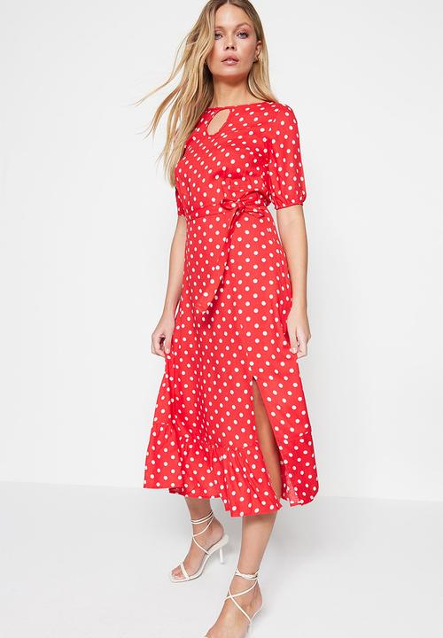 Trendyol - Short sleeve polka dot midi dress - red