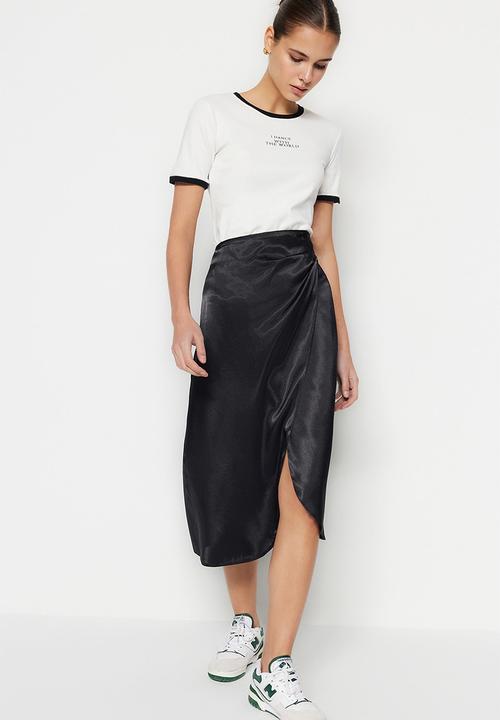 Trendyol - Wrapover satin midi dress - black
