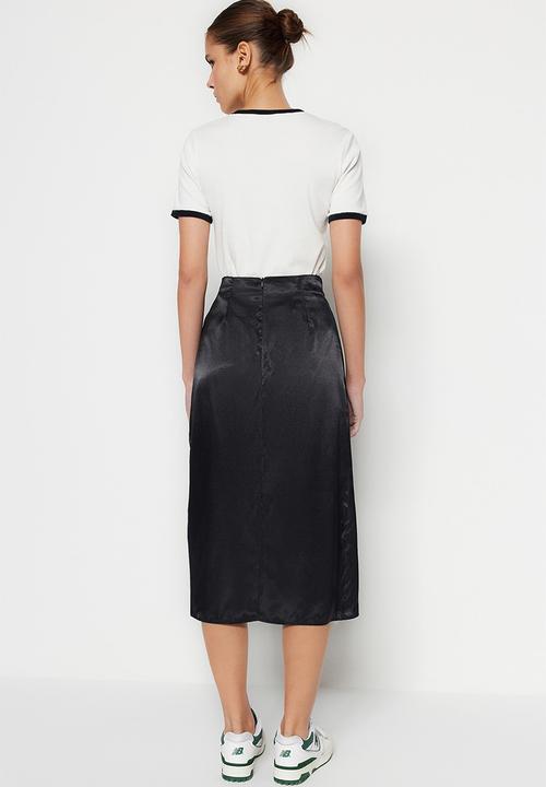 Trendyol - Wrapover satin midi dress - black
