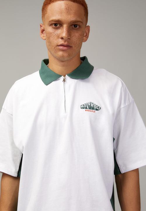 Factorie - Box fit zip polo - white/green panelling