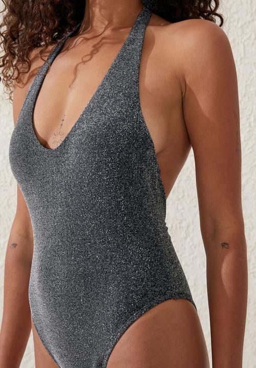 Cotton On - Scoop front halter one piece cheeky - black metallic