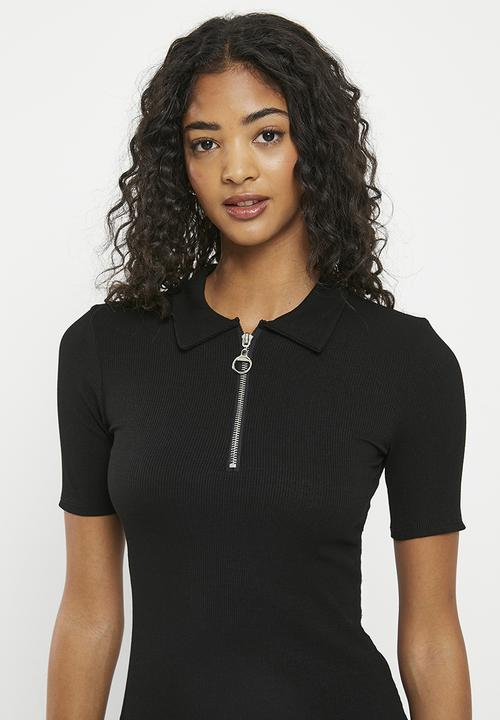 HAILYS - Zip collared short sleeve dress - black