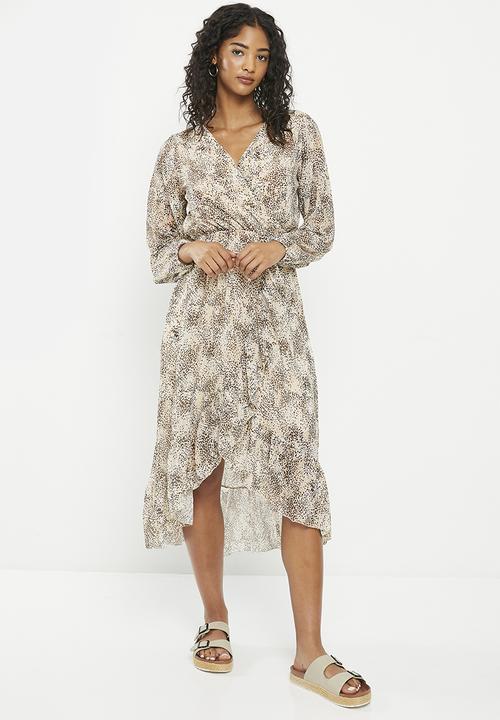 Print long sleeve maxi dress - beige snake