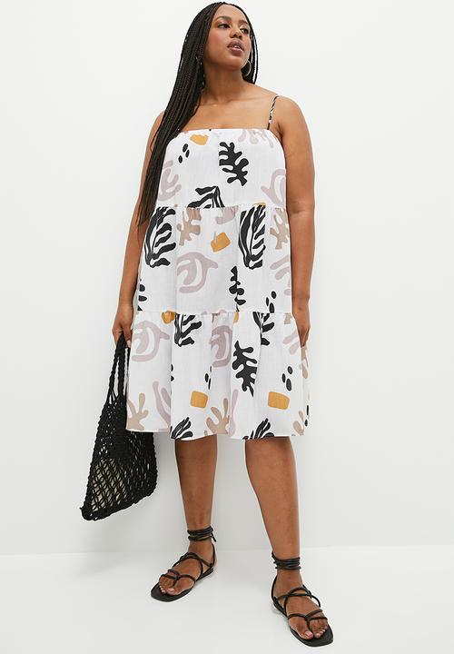 Superbalist - Tiered babydoll mini dress- abstract seaweed neutral