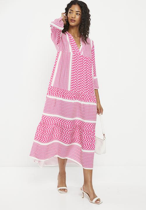 HAILYS - Print mandarin collar maxi dress - pink diverse