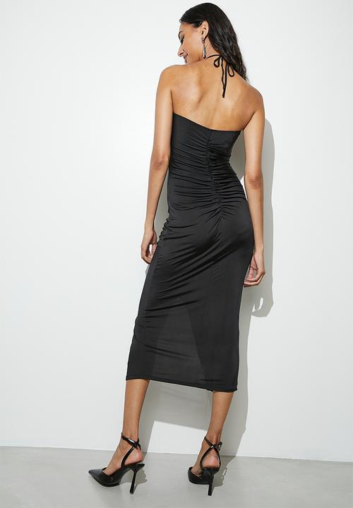 VELVET - halter neck ruched midi bodycon dress - black