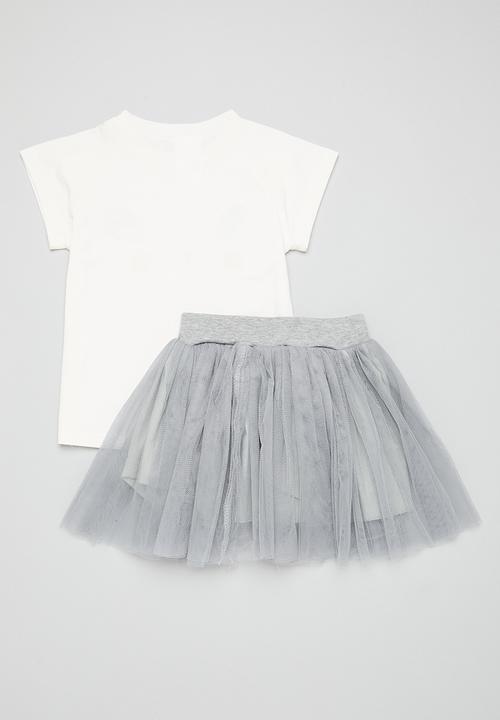 Pop Candy - Tee & tulle skirt set- grey and white