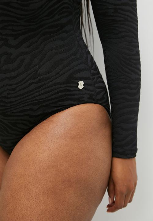 Lizzy - Plus skyelar long sleeve full body swimsuit - black zebra stripe