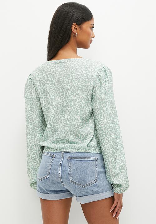 HAILYS - V-neck long sleeve blouse - green tea flower
