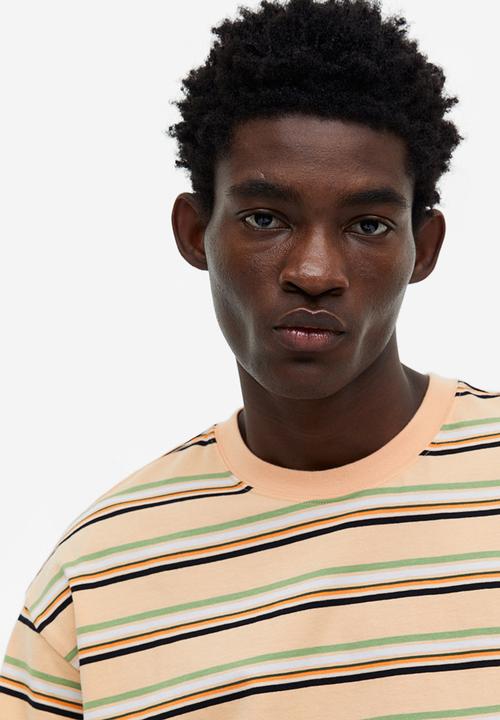 H&M - Relaxed fit cotton T-shirt - light beige striped 