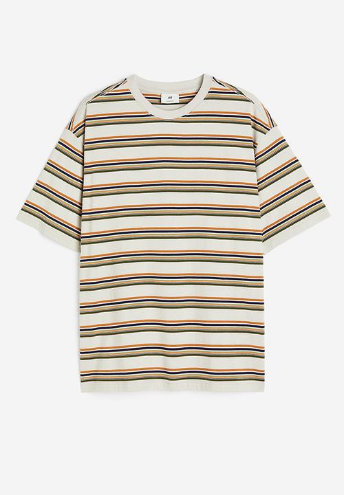 H&M - Relaxed fit cotton T-shirt - light grey & orange striped