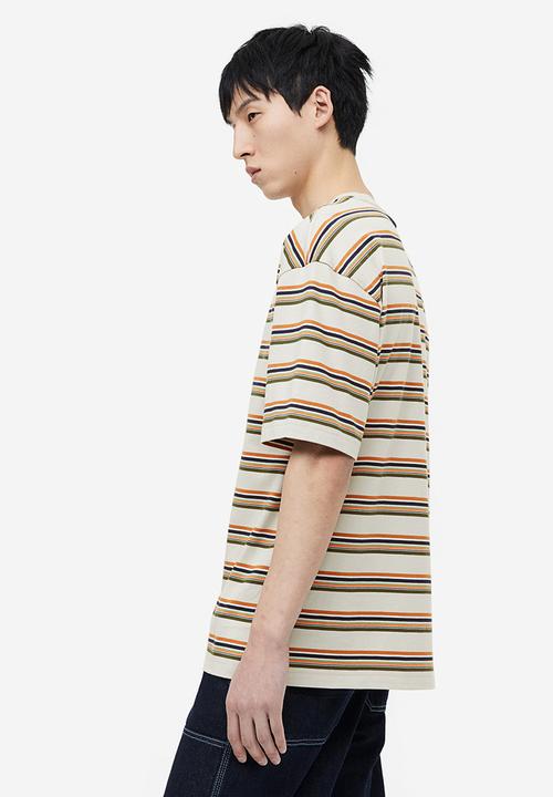H&M - Relaxed fit cotton T-shirt - light grey & orange striped
