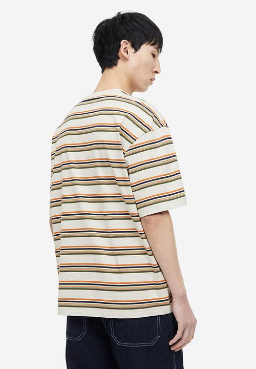 H&M - Relaxed fit cotton T-shirt - light grey & orange striped