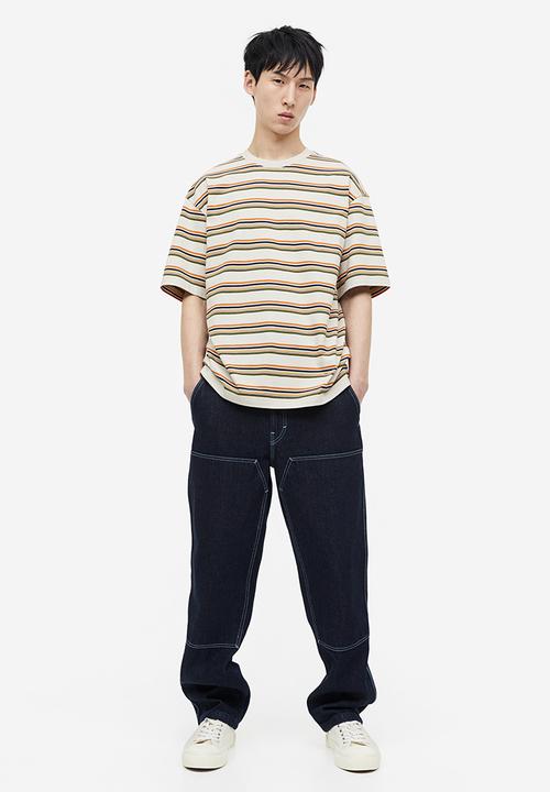 H&M - Relaxed fit cotton T-shirt - light grey & orange striped