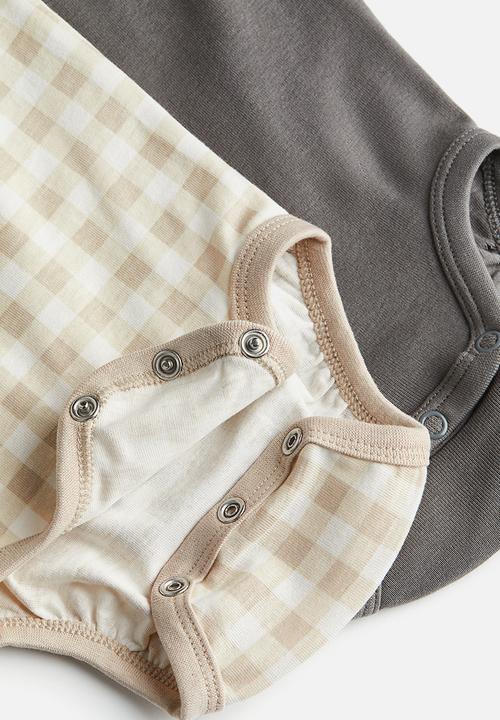 H&M - 2-Pack picot-trim bodysuits - light beige checked 