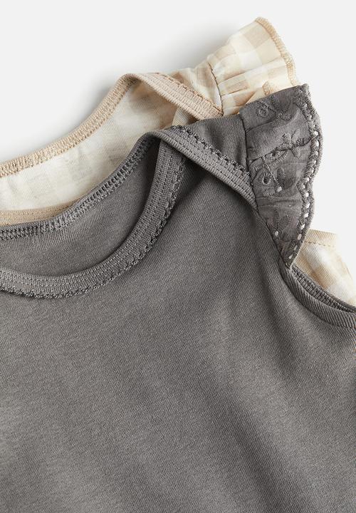 H&M - 2-Pack picot-trim bodysuits - light beige checked 