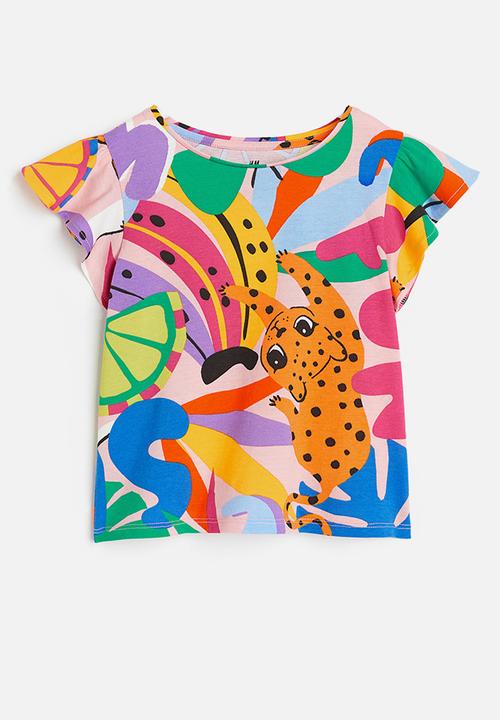 H&M - Flutter-sleeved jersey top - pink/leopard
