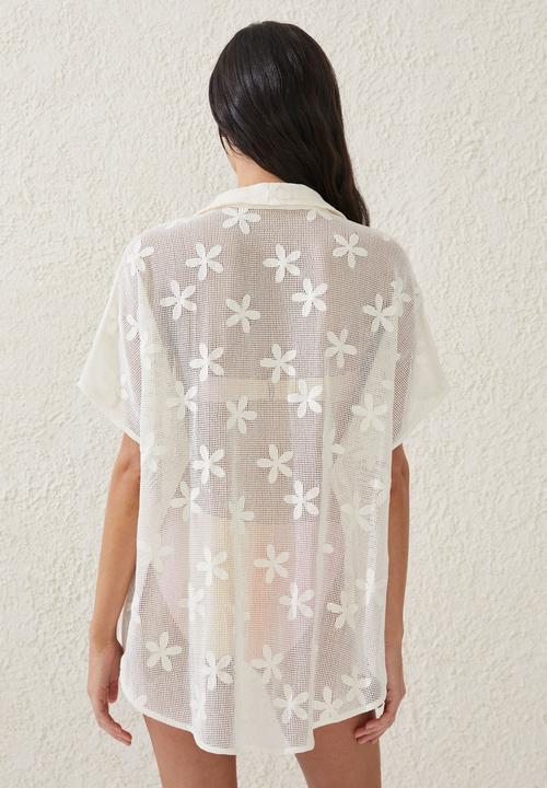 Cotton On - Open mesh short sleeve shirt - white/floral