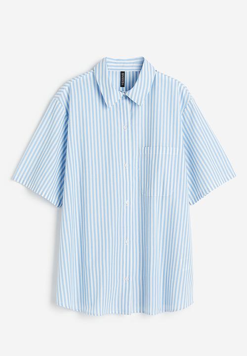 H&M - Short-sleeved linen-blend shirt - light blue white striped 