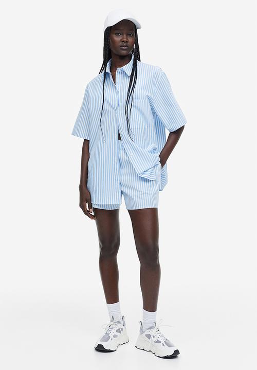 H&M - Short-sleeved linen-blend shirt - light blue white striped 