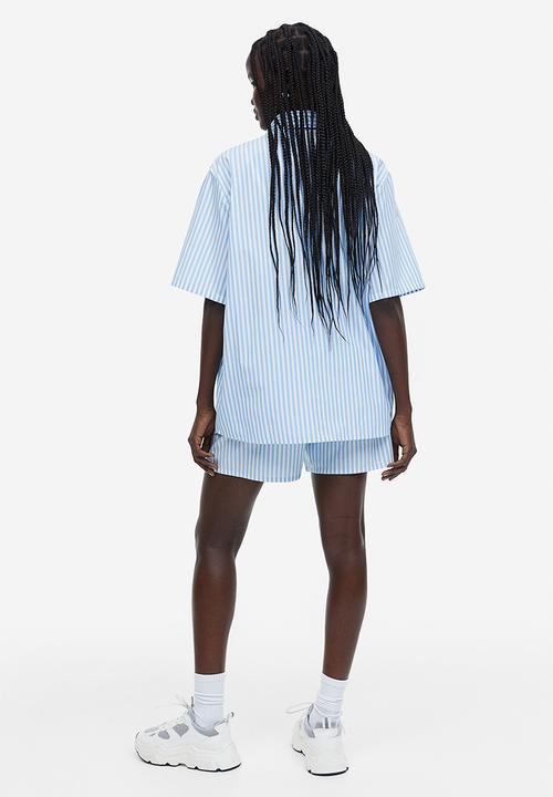 H&M - Short-sleeved linen-blend shirt - light blue white striped 