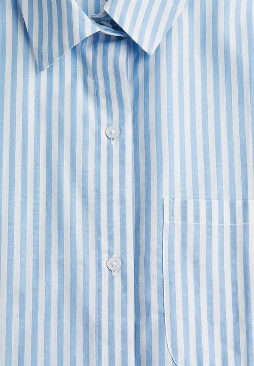 H&M - Short-sleeved linen-blend shirt - light blue white striped 