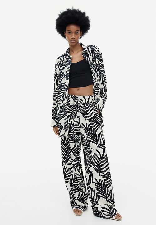 H&M - Linen-blend pull-on trousers - cream leaf-patterned