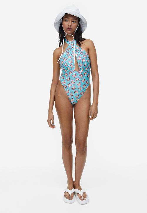 H&M - High-leg halter neck swimsuit - turquoise butterflies