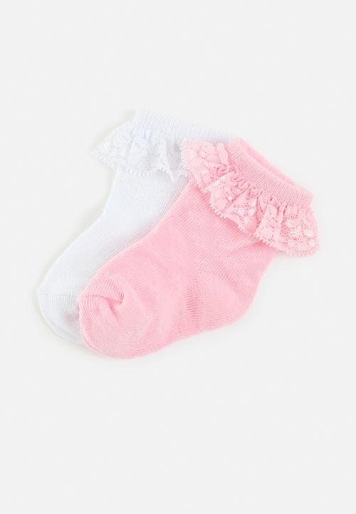 MINOTI - 2 Pack pointelle socks with lace - pink & white 