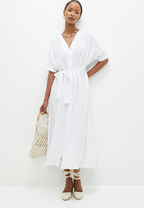 edit - Button thru shirt dress with belt - white