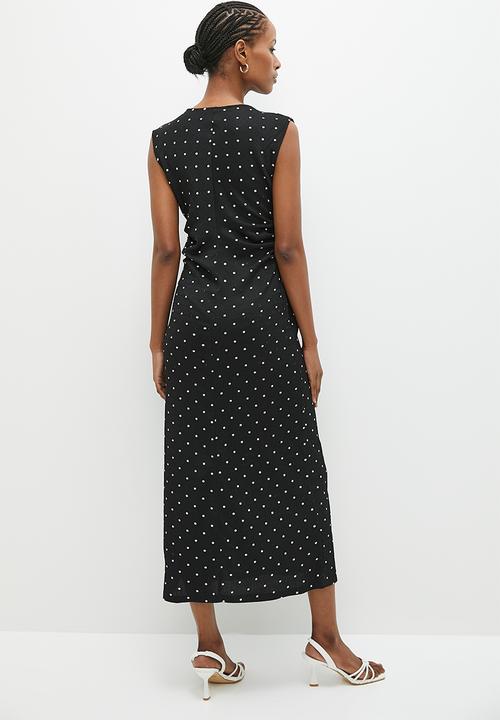 edit - Ruched waist midi dress - black & white spots
