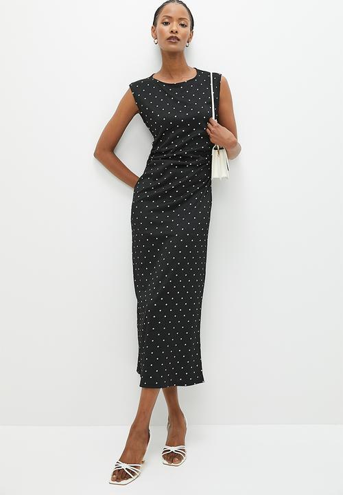 edit - Ruched waist midi dress - black & white spots