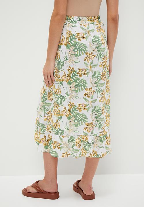 HAILYS - Print Asymmetrical Hem Maxi Skirt - Off White Palm
