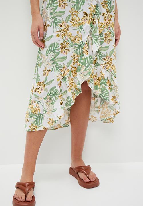 HAILYS - Print Asymmetrical Hem Maxi Skirt - Off White Palm