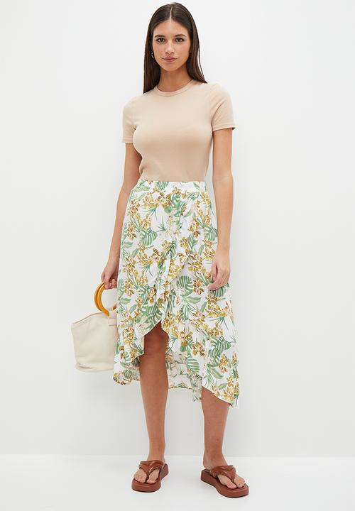 HAILYS - Print Asymmetrical Hem Maxi Skirt - Off White Palm