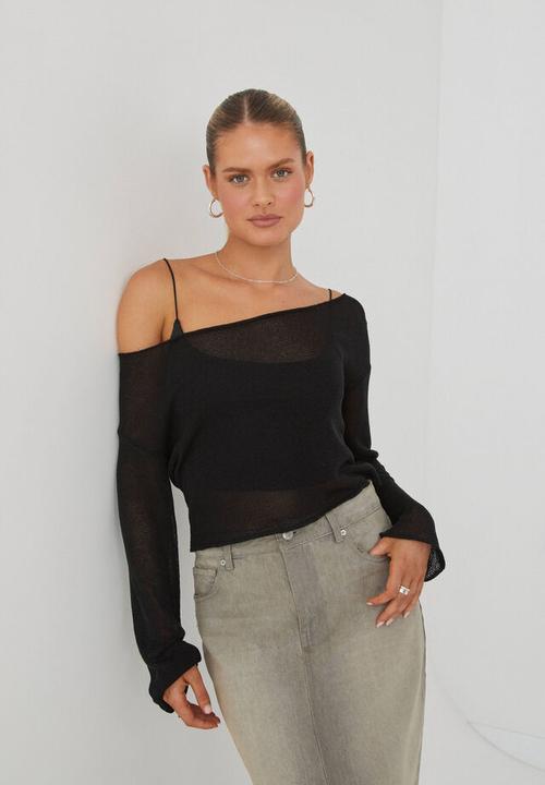 Supré  - Carla wide neck sheer knit jumper -  black