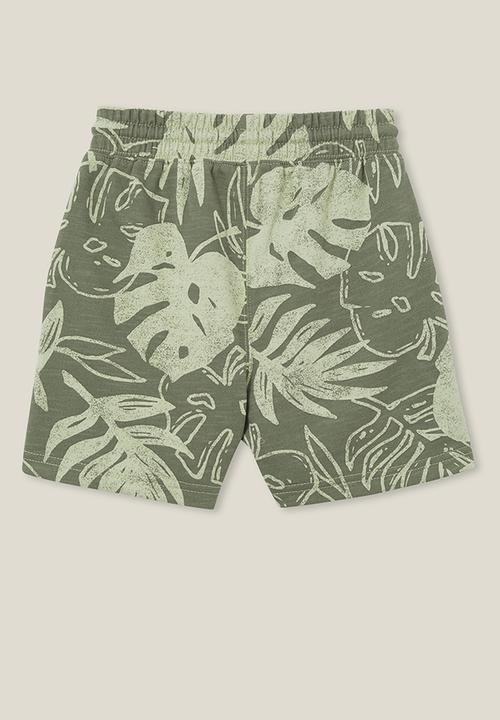 Cotton On - Henry slouch short - swag green / gumnut green palm leaf yardage
