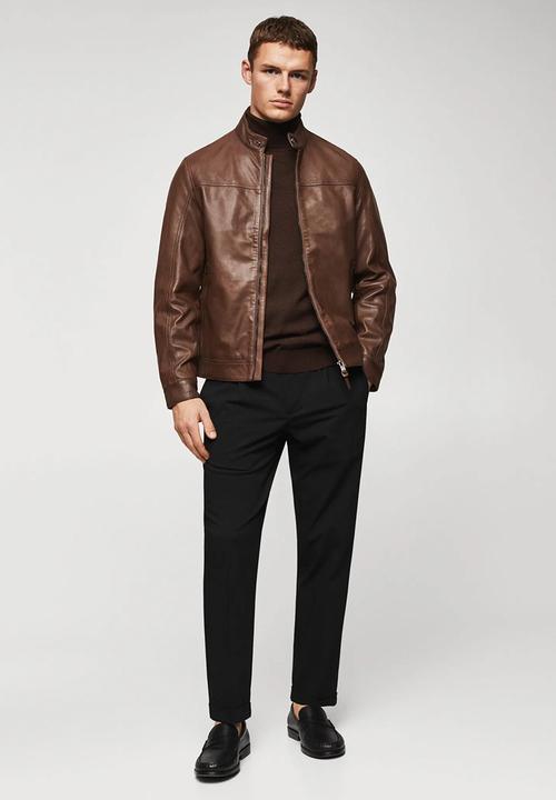 MANGO - Leather marea biker jacket  - brown