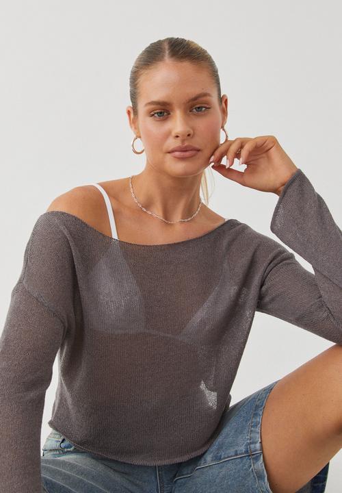 Supré  - Carla Wide Neck Sheer Knit Jumper - Suede Grey