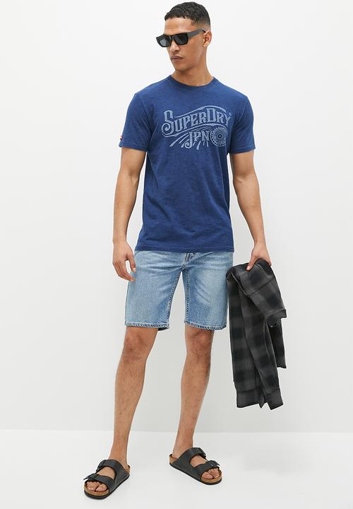 Superdry. - Vintage script indigo ww tee - reverse snowy wash indigo