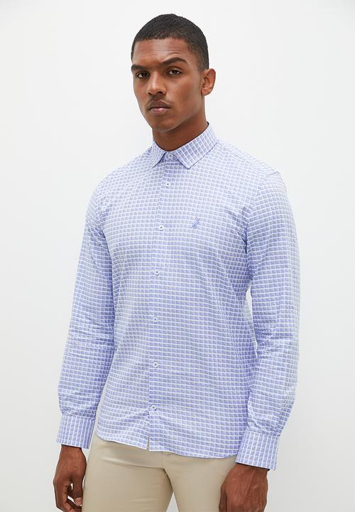 POLO - Mens textured check long sleeve shirt - blue
