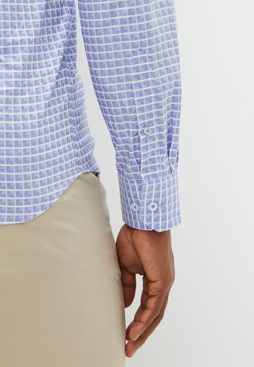 POLO - Mens textured check long sleeve shirt - blue