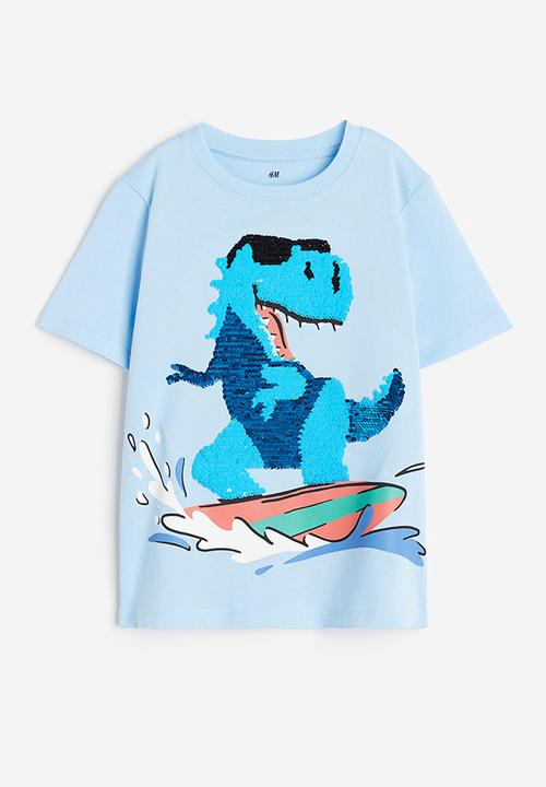 H&M - Reversible-sequin t-shirt - light blue surfing dino