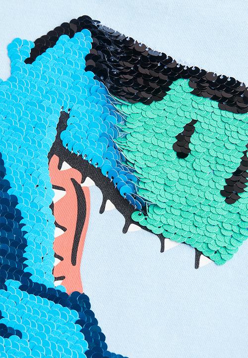 H&M - Reversible-sequin t-shirt - light blue surfing dino