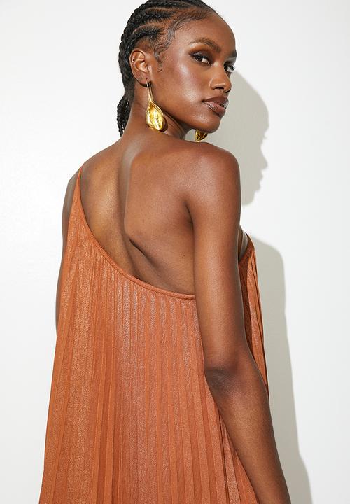 VELVET - Asymmetric pleated kaftan dress - caramel